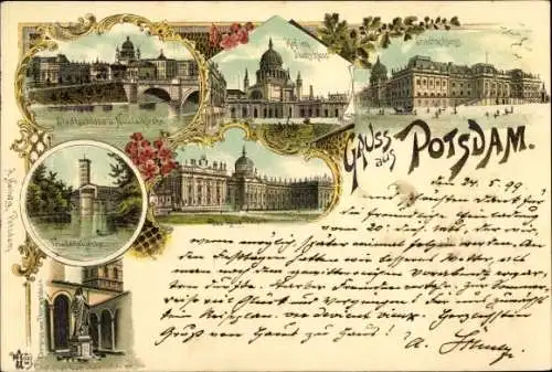 Litho Potsdam in Brandenburg, Stadtschloss, neues Palais, Nicolaikirche, Friedenskirche