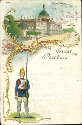 Litho Potsdam in Brandenburg, Neues Palais, Soldat, Bajonett