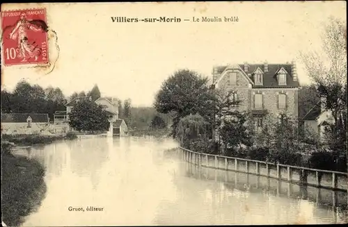 Ak Villiers-sur-Morin Seine et Marne, Moulin brûlé