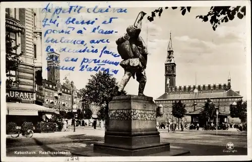 Ak København Kopenhagen Dänemark, Rathausplatz, Denkmal