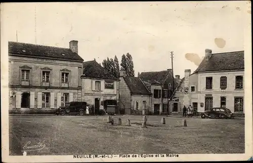 Ak Neuille Maine et Loire, Place de l'Église et la Mairie
