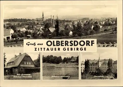 Ak Olbersdorf in Sachsen, Panorama, HOG Volksbad Olbersdorf, Freibad, Schule