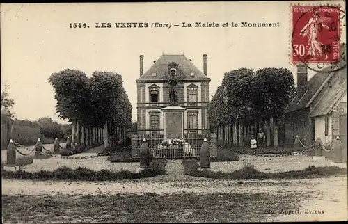 Ak Les Ventes Eure, La Mairie et le Monument