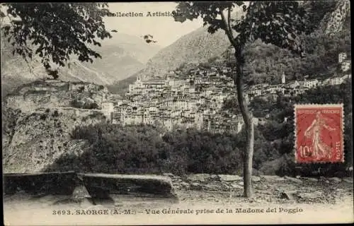 Ak Saorge Alpes Maritimes, Vue générale, prise de la Madone del Poggio