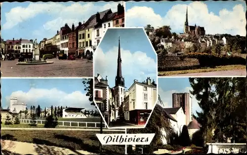 Ak Pithiviers Loiret, Place du Martroi, Vue générale, l'Église, Parc des Sports, Le Square