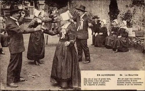 Ak En Auvergne, la Bouree, Tänzer in Trachten