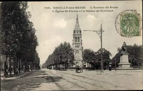 Ak Neuilly sur Seine Hauts de Seine, L'Avenue du Roule, Église St. Pierre, Statue de Perronet
