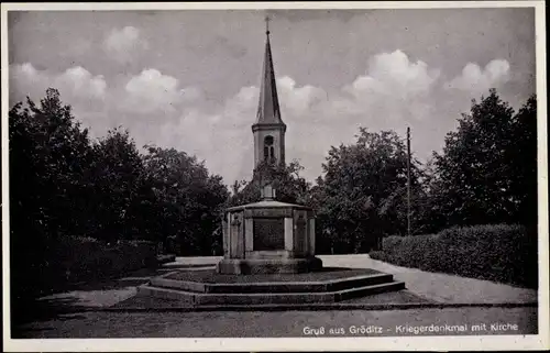 Ak Gröditz Sachsen, Kriegerdenkmal, Kirche, Gasthof Richter
