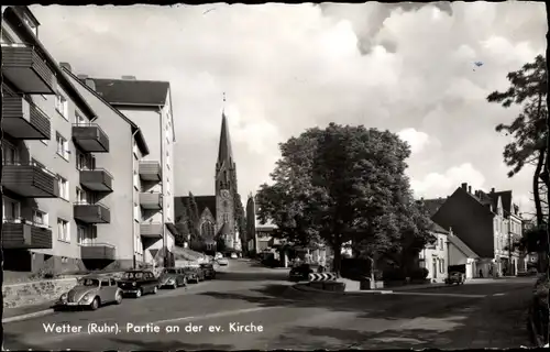 Ak Wetter an der Ruhr, Evang Kirche, Straßenpartie