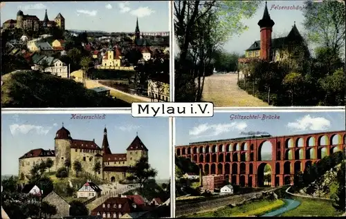 Ak Mylau Reichenbach im Vogtland, Teilansicht, Felsenschänke, Kaiserschloss, Göltzschtalbrücke