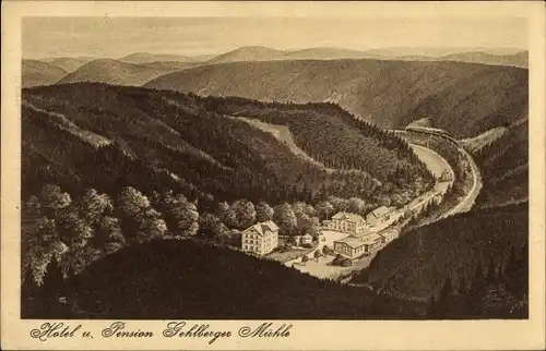 Künstler Ak Gehlberg in Thüringen, Gehlberger Mühle, Vogelschau