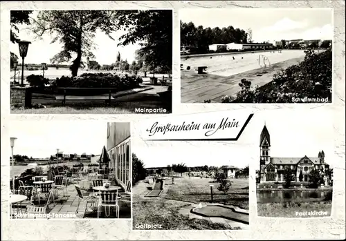 Ak Großauheim Hanau in Hessen, Schwimmbad, Minigolfanlage, Paulskirche, Mainpartie