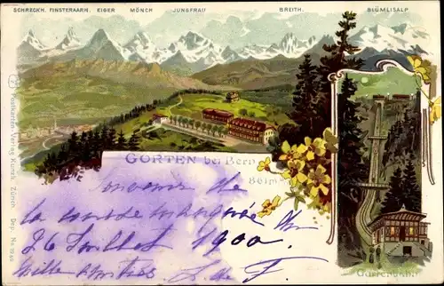 Litho Bern Stadt Kanton Bern, Berg Gurten, Eiger, Mönch, Jungfrau, Gurtenbahn