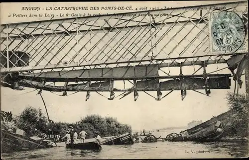 Ak Ponts de Ce Maine et Loire, Catastrophe 1907, Eisenbahnunglück, eingestürzte Brücke, 6e Genie