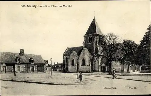 Ak Sennely Loiret, Place du Marche, Eglise