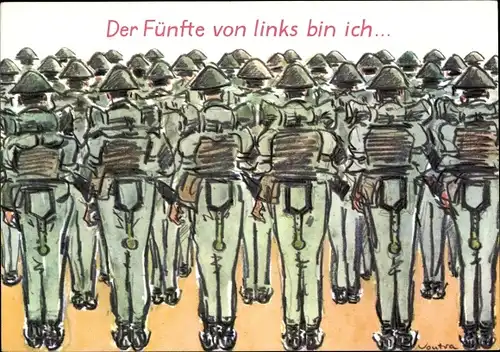 Künstler Ak Vontra, Gerhard, Der Fünfte von links bin ich, DDR Soldaten, Appell, Marschgepäck, Humor