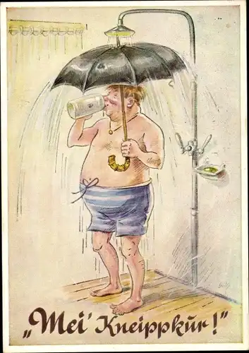 Künstler Ak Mei Kneippkur, Mann mit Bierkrug und Regenschirm unter der Dusche