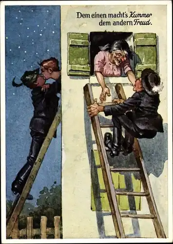 Ak Dem einen macht's Kummer, dem andern Freud, zwei Männer auf Leitern, alte Frau am Fenster
