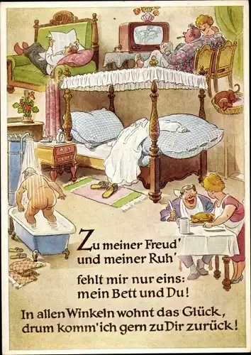 Künstler Ak Zu meiner Freud fehlt mir nur eins, mein Bett und Du, Badewanne