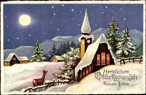 Ak Glückwunsch Neujahr, Kirche, Tannenbäume, Reh, Nacht, Mondschein