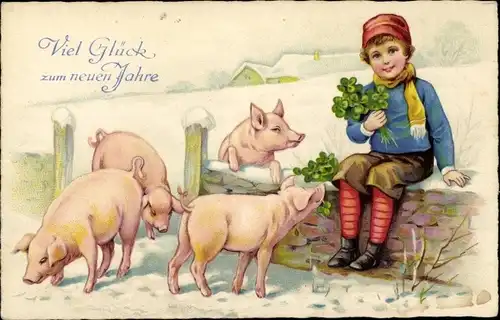 Ak Glückwunsch Neujahr, Junge, Schweinchen, Glücksklee