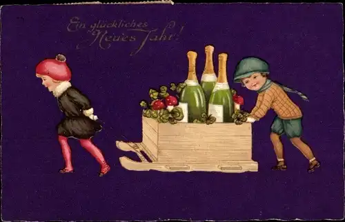 Ak Glückwunsch Neujahr, Kinder, Schlitten, Sekt, Pilze, Glücksklee