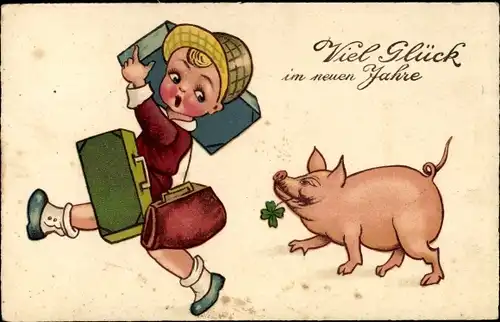 Ak Glückwunsch Neujahr, Junge mit Gepäck, Schweinchen, Glücksklee