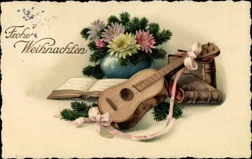 Ak Glückwunsch Weihnachten, Blumen, Gitarre, Tannenbaum, Bücher