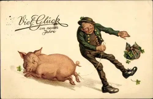 Ak Glückwunsch Neujahr, Schweinchen, Mann mit Glücksklee