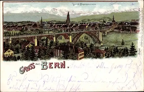 Litho Bern Stadt Schweiz, Totalansicht der Ortschaft, Alpenpanorama