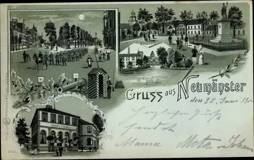 Mondschein Litho Neumünster in Schleswig Holstein, Bahnhofshotel, Markt, Mühlenteich, Kriegerdenkmal