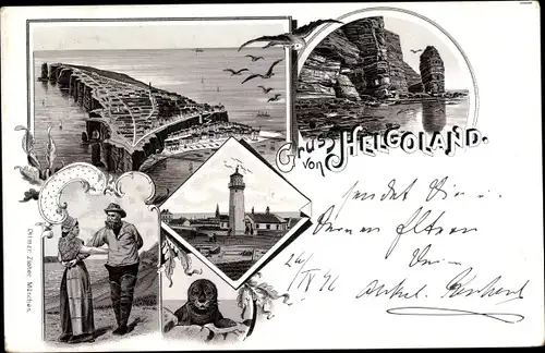 Litho Nordseeinsel Helgoland, Robbe, Leuchtturm, Helgoländer, Totalansicht der Insel