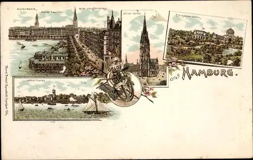 Litho Hamburg Mitte Altstadt, Uhlenhorst, Alsterdamm, Alster Pavillon, Jungfernstieg, Zoolog. Garten