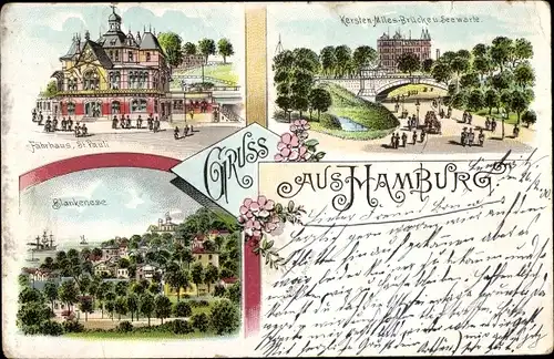 Litho Hamburg St Pauli, Fährhaus, Kersten Miles Brücke, Seewarte, Blankenese