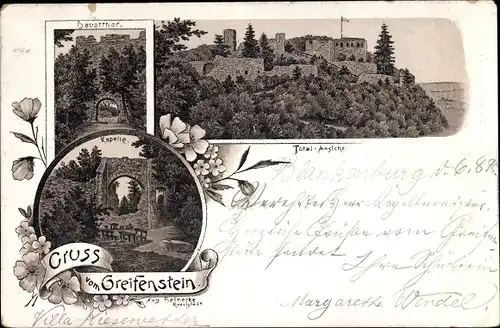 Litho Bad Blankenburg in Thüringen, Burg Greifenstein, Gesamtansicht, Haupttor, Kapelle