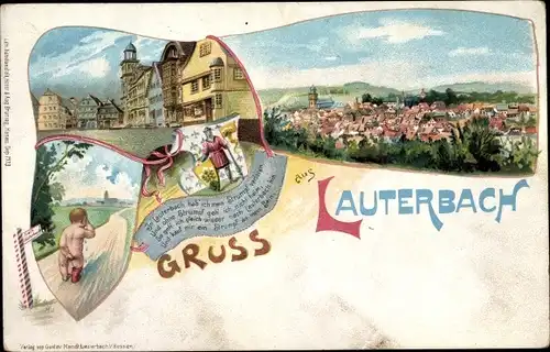 Wappen Litho Lauterbach an der Lauter Vogelsbergkreis, Strumpf verloren, Weinendes Kind, Panorama