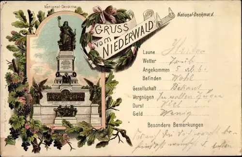 Litho Rüdesheim am Rhein in Hessen, Niederwald Nationaldenkmal, Weinblätter, Eichenlaub, Lorbeer