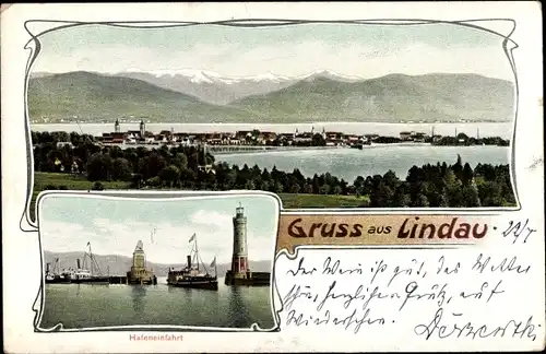 Litho Lindau am Bodensee Schwaben, Gesamtansicht, Leuchtturm, Hafeneinfahrt