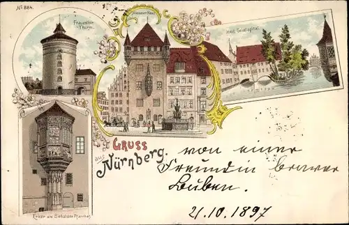Litho Nürnberg in Mittelfranken, Frauentorturm, Nassauerhaus, Heil. Geistspital, Sebabalder Pfarrhof