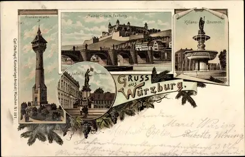 Litho Würzburg am Main Unterfranken, Mainbrücke, Festung, Franken Warte, Kilians Brunnen