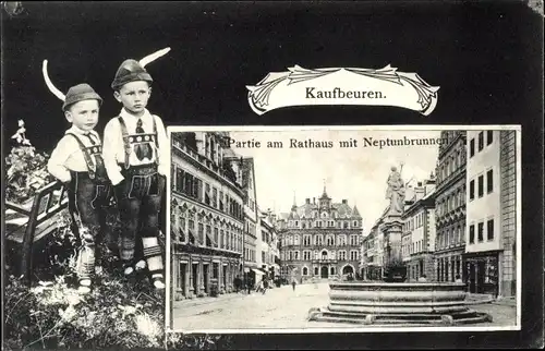 Passepartout Ak Kaufbeuren an der Wertach in Schwaben, Rathaus, Neptunbrunnen, Jungen in Tracht