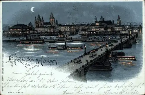 Halt gegen das Licht Mondschein Litho Mainz am Rhein, Gesamtansicht, Rheinbrücke