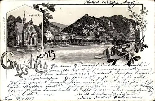 Litho Bad Ems im Rhein Lahn Kreis, Flusspartie, Ortschaft, Ev. Kirche