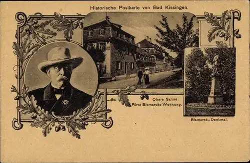 Ak Bad Kissingen Unterfranken Bayern, Otto von Bismarck Portrait, Obere Saline, Bismarck-Denkmal