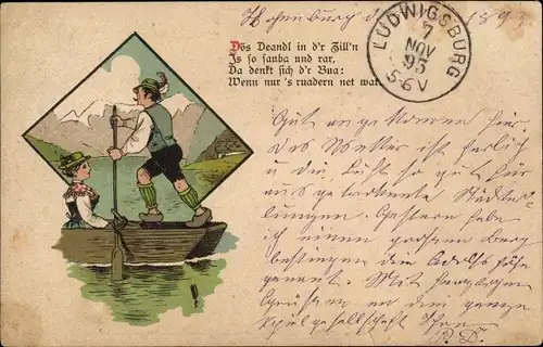 Vorläufer Litho Dös Deandl in d'r Zill'n is so sauba und rar, bayrische Trachten, Ruderboot, 1893