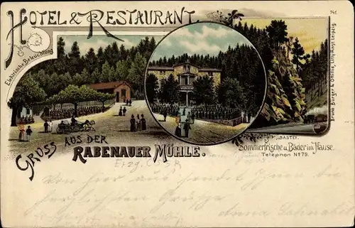 Litho Rabenau im Erzgebirge, Hotel Restaurant Rabenauer Mühle, Bastei, Dampflok