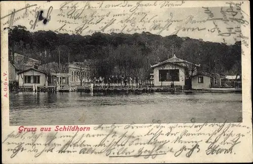 Ak Berlin Wilmersdorf Grunewald Schildhorn, Teilansicht, Bootsanlegestelle