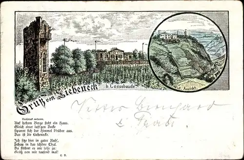 Litho Dresden Cossebaude, Gasthaus Liebeneck, Turm