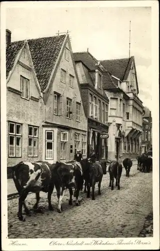 Ak Husum in Nordfriesland, Obere Neustadt, Viehtrieb vorbei am Wohnhaus Theodor Storm's