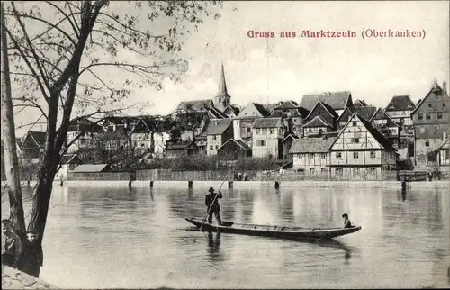 Ak Marktzeuln in Oberfranken, Blick auf den Ort, Mann im Kahn